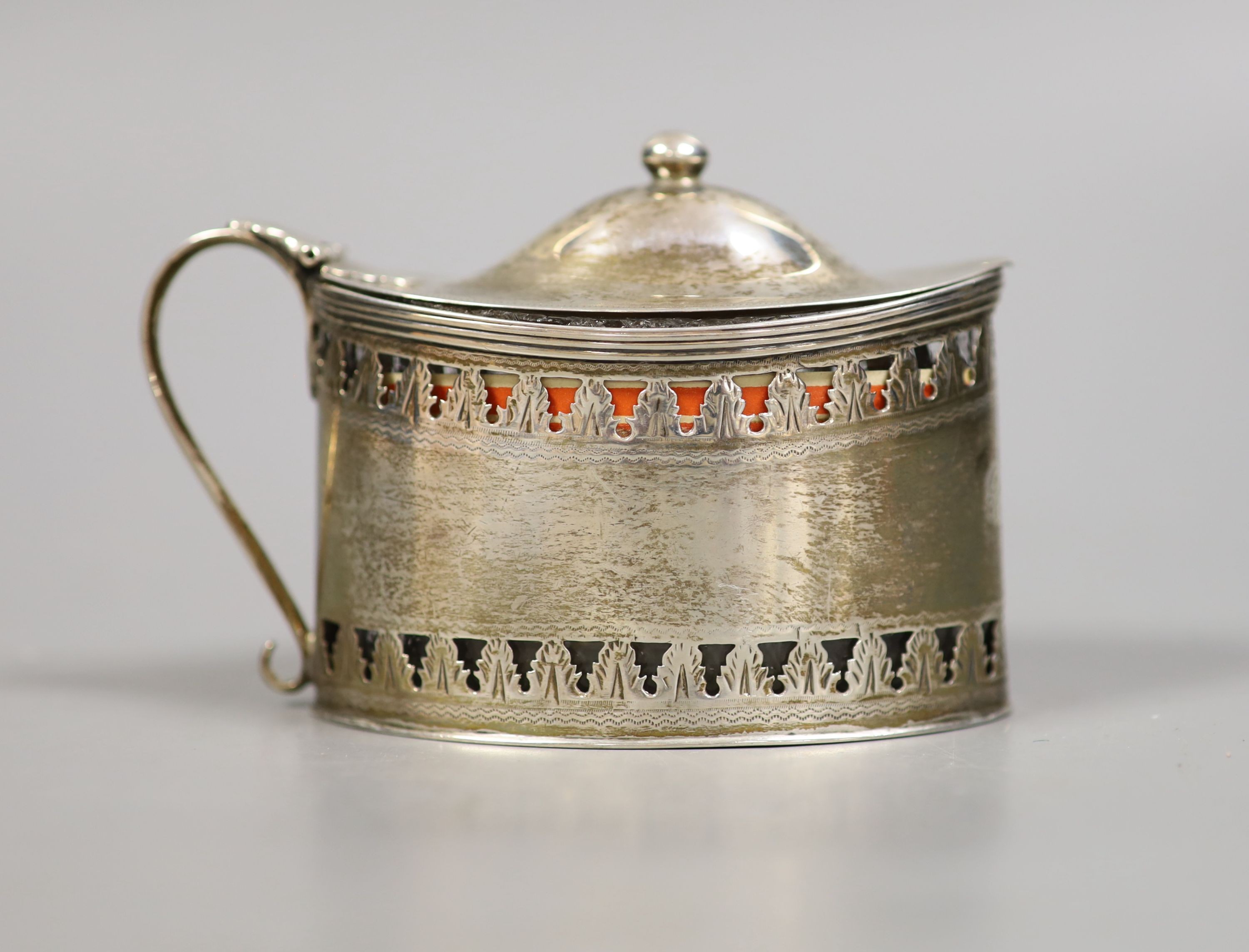 A late 18th century Scottish silver oval mustard pot, George Christie, Edinburgh, circa 1798, length 11.5cm.